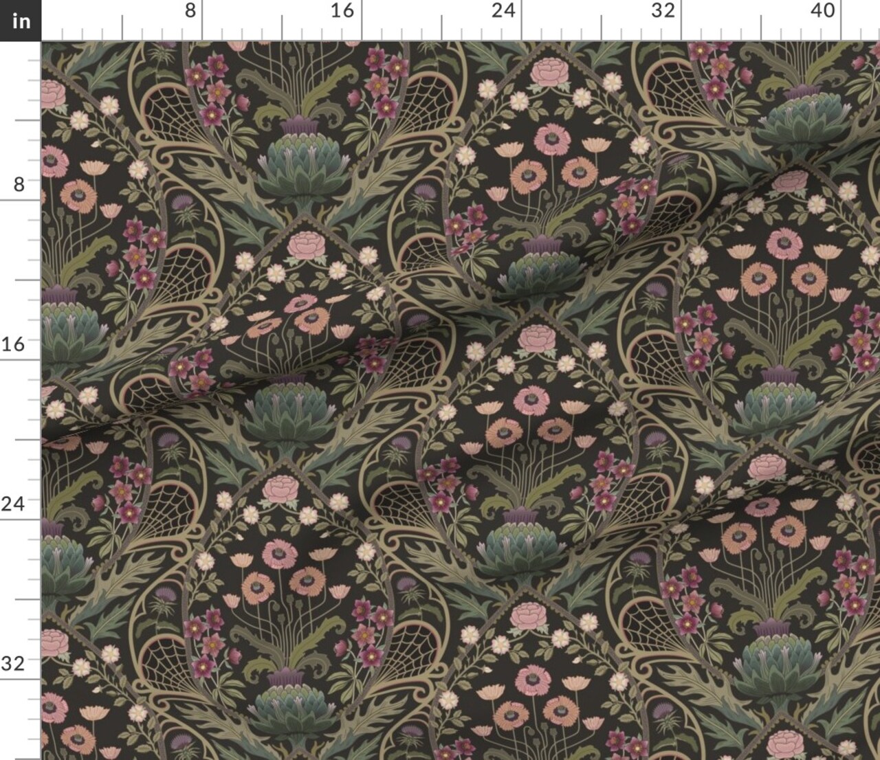 Various Fabrics by the Yard or Fat Quarter dark moody damask,roses hellebores,artichoke flower,olive green,dusty pink,botanical Custom Printed Fabric by Spoonflower